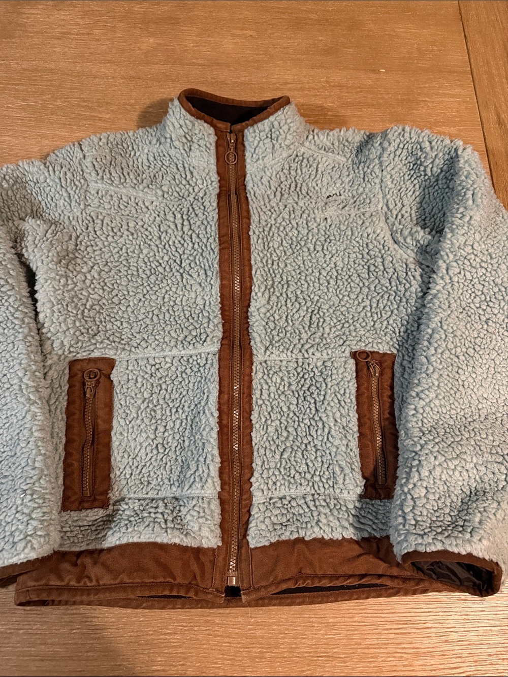Kavu Light Blue Sherpa Jacket with Brown Trim